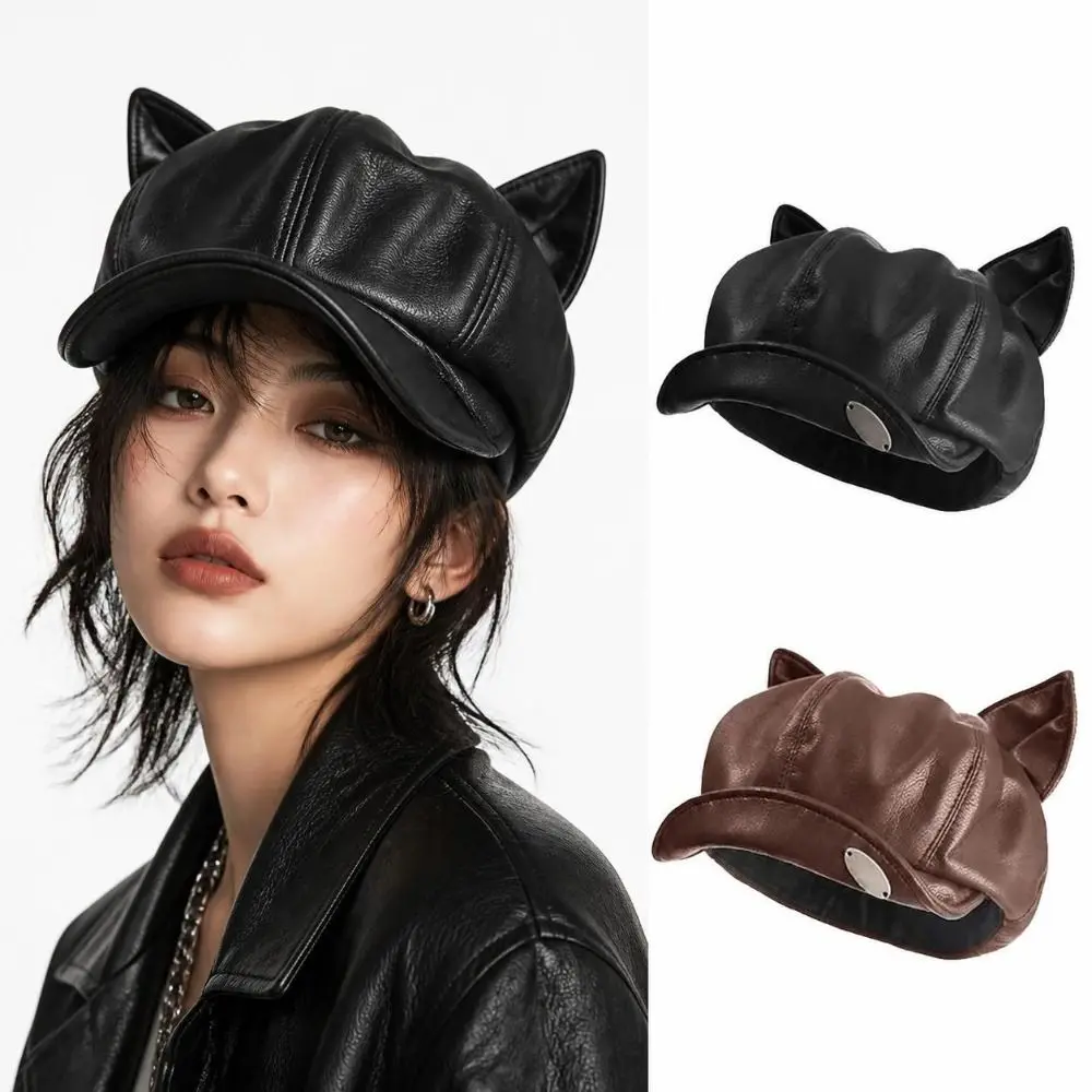 Elegant PU Leather Cat Ear Beret Black/Coffee Cute Ear Design Newsboy Cap Retro Style Leather Beret Hat All Seasons