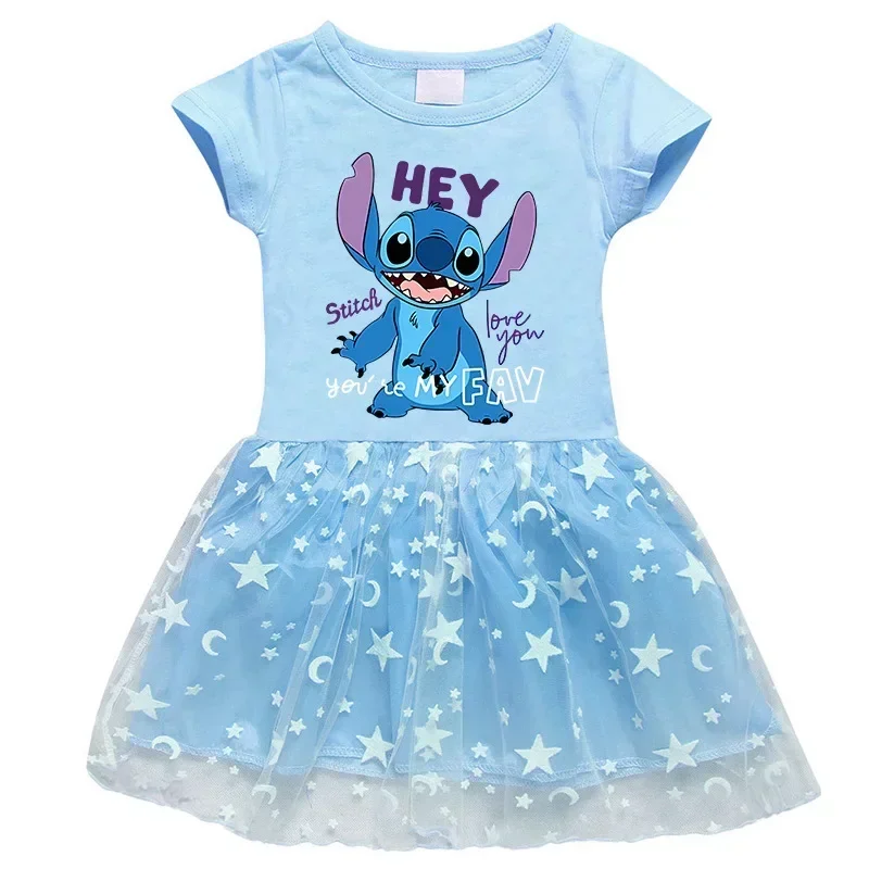 

Disney Mickey Mouse 2024 New Girl Dress Short Sleeve Stitch Summer Girl Star Mesh T-shirt Princess Skirt