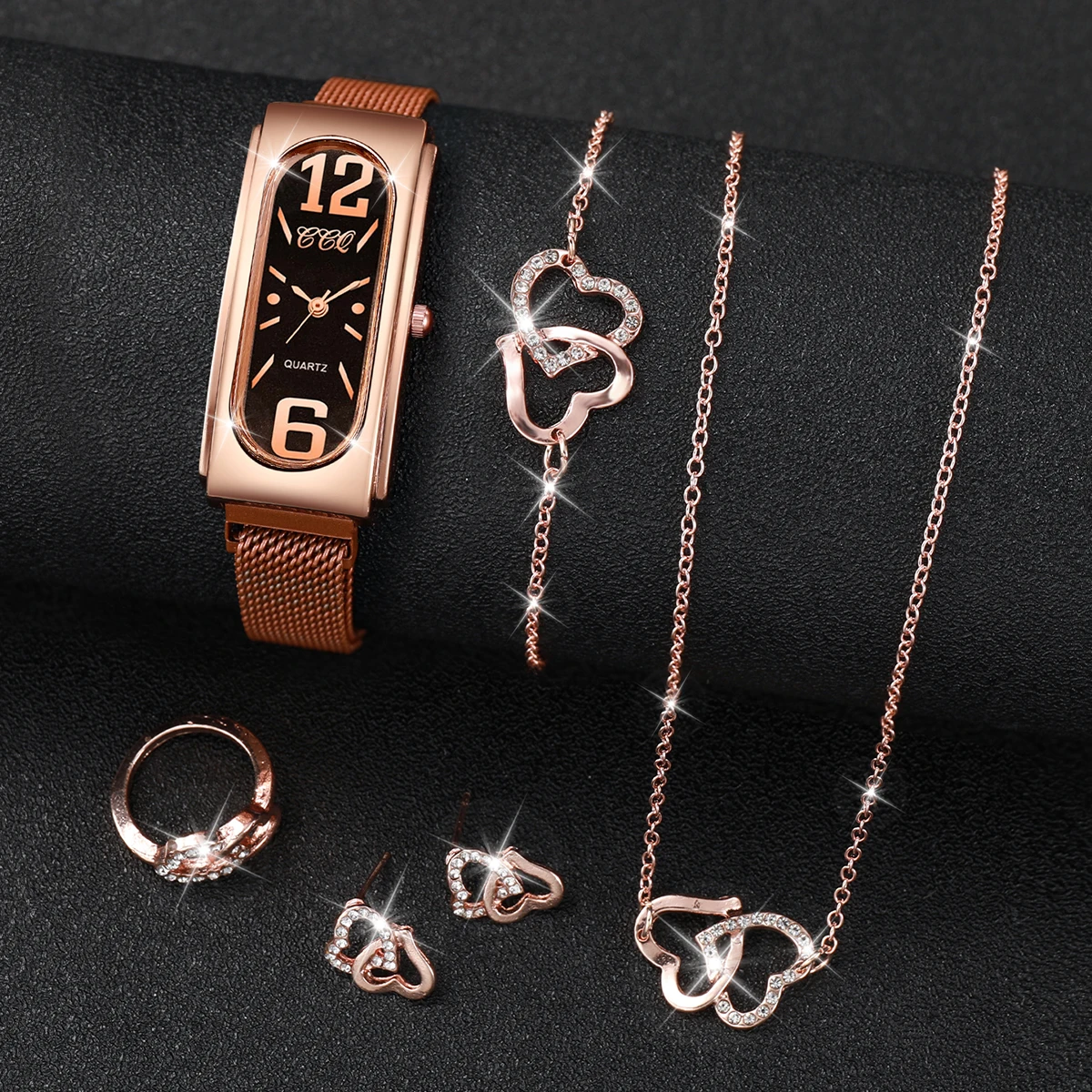 6PCs/Set Fashion Women's Watch Korean Edition Simple Quartz Watch with Double Love Jewelry Set(Box Not Include)