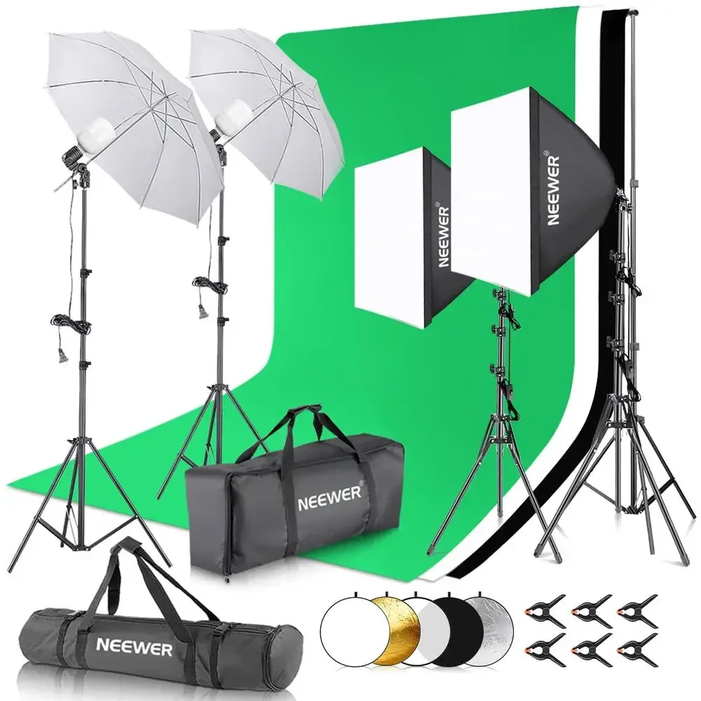 Professional Studio Lighting Kit Softbox Umbrellas Backdrop Stands LED Bulbs Clamps Carry Bags