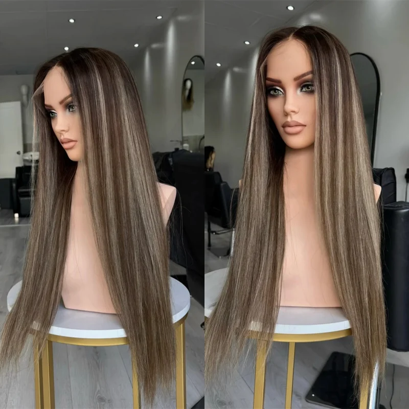 

28-дюймовый мягкий супер длинный прямой парик 13x4 Ombre Коричневый блондин Синтетический парик фронта шнурка Натуральная предварительно выщипанная линия волос с волосами ребенка