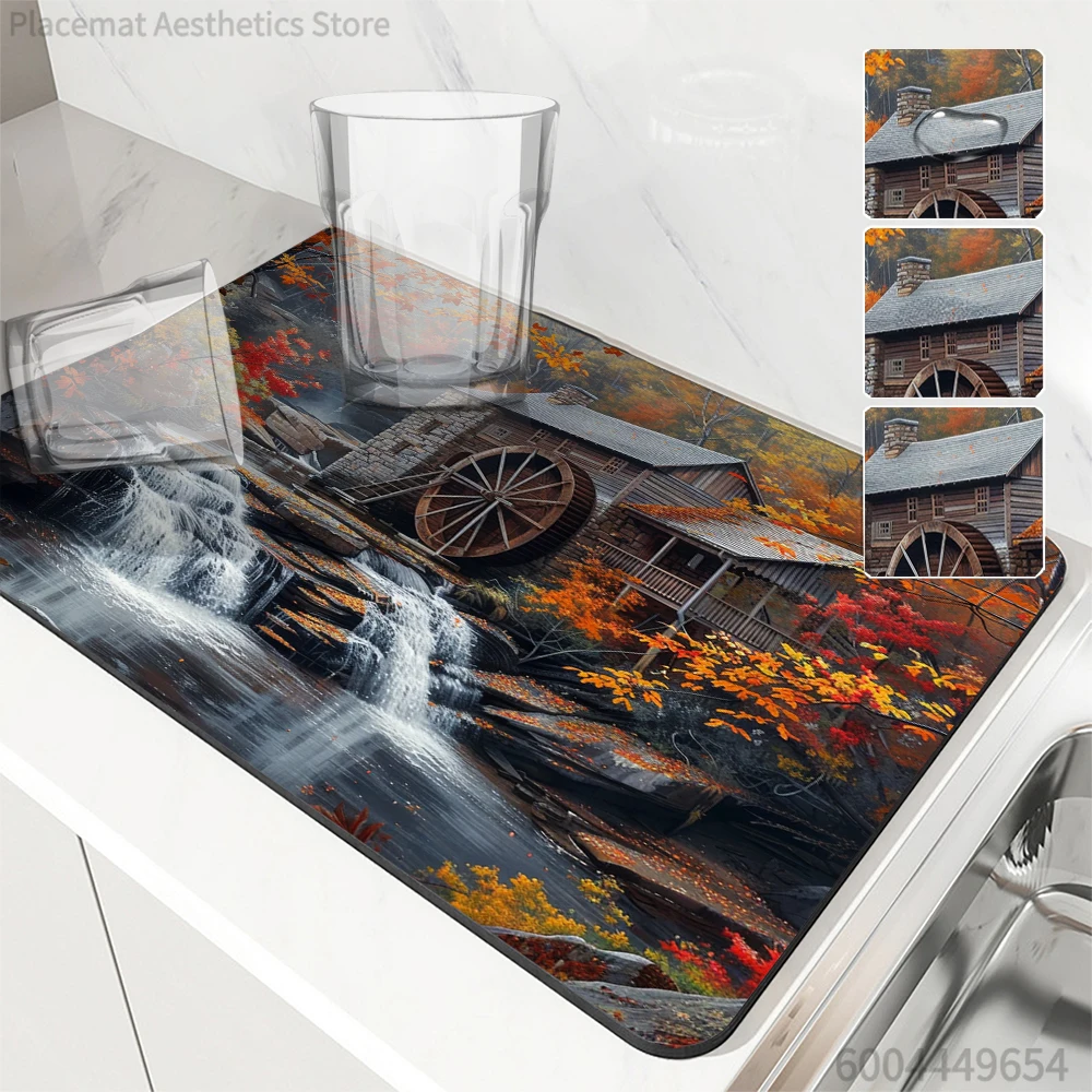 Absorbent Tableware Dish Drying Mats Scenery River Desk Drain Pad Heat Resistant Counter  Mat Non-slip Draining Placemat Kitchen