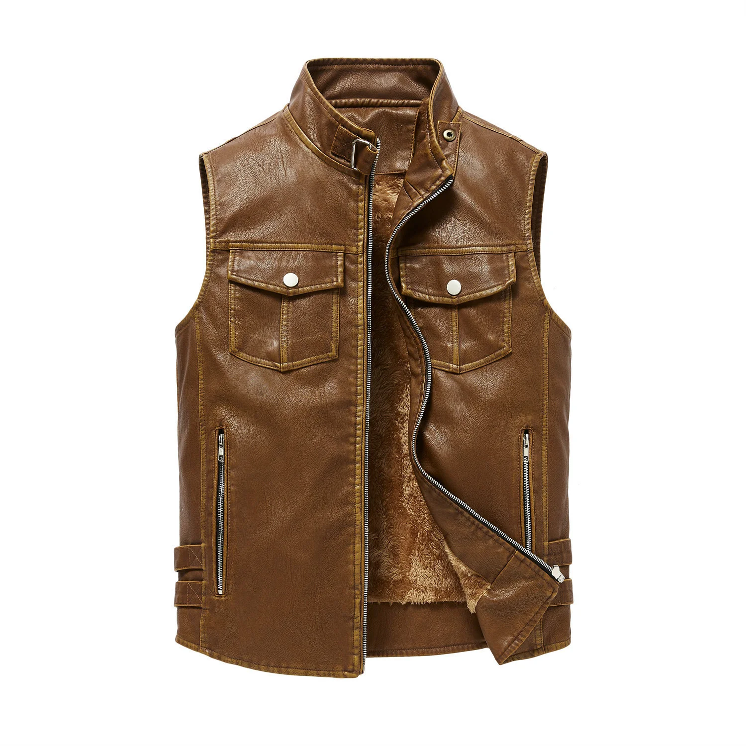 

Washed Retro Winter Vest Men Fleece Thick Warm Punk Faux Fur Leather Military Moto Biker Sleeveless Jacket Coat e Homme
