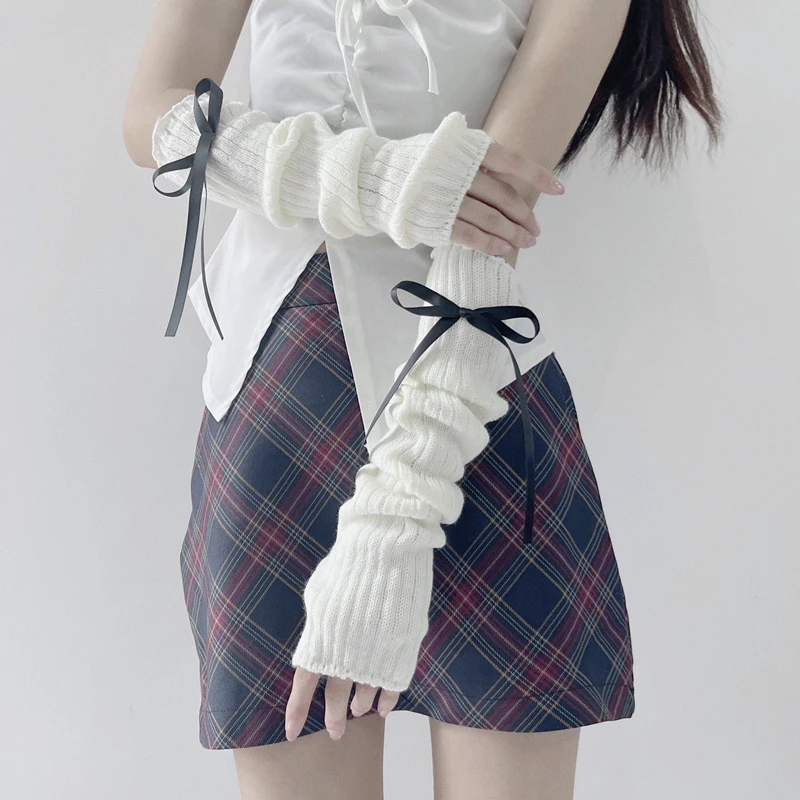 

Sweet Girl Lolita Soft Arm Sleeves Bow Tie Long Hand Sleeves Lovely Knitted Fingerless Decorative Gloves Streetwear