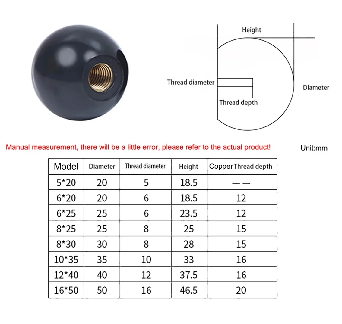 M4 M5 M6 M8 M10 M12 Red Black Copper Core/Bakelite Core/Iron Core Ball Lever Knob Machine Tool Replacement Round Handle