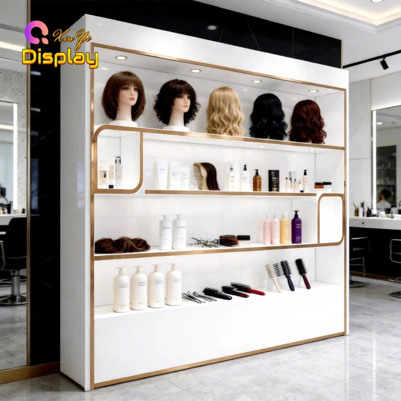 custom.Custom Modern XINYI Hair Salon Cabinet LED Lighting Lock Recyclable Durable Laminated Luxury Shopping