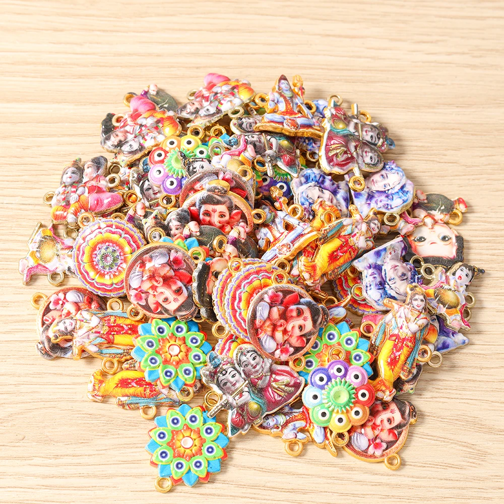 Tusember 20pcs Enamel Oil Drip Hinduism Ganesha Goddess Kashmi Vishnu Charms for Earrings Necklace Jewelry Making DIY Findings