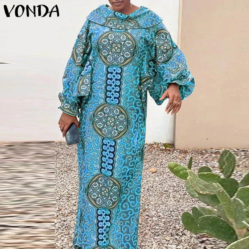 VONDA Sukienka Maxi w Stylu Boho Plus Size Damska Drukowana Sukienka Letnia Vintage Długi Rękaw Latarnia Stójka Vestido Casual Robe 5XL