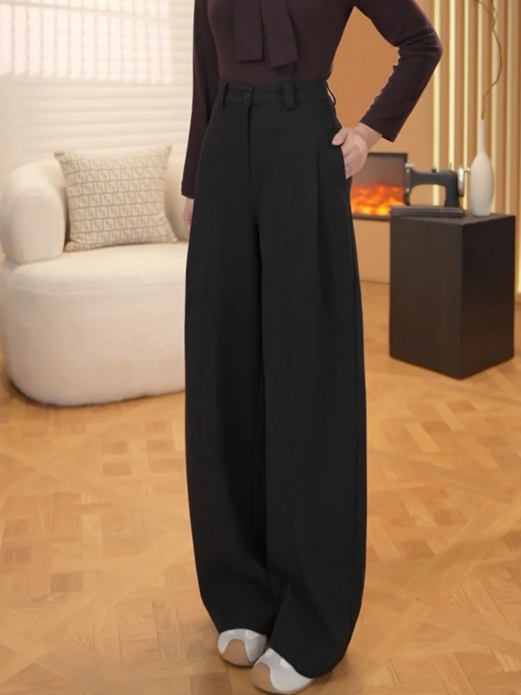 المرأة الصوف بنطال ذو قصة أرجل واسعة فضفاض ثني Thiened الخريف الشتاء عادية بلا بنطلون تنحيف عالية الخصر مستقيم قطع بنطلون
