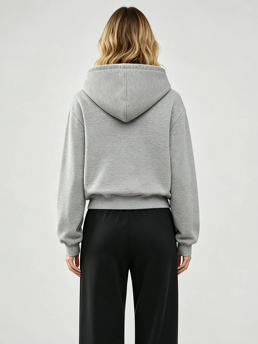 LIMO Grey Full Zip Hoodie Jacket Black Geometric Embroidery Drawstring Hood Cropped Long Sleeve Women Casual Streetwear