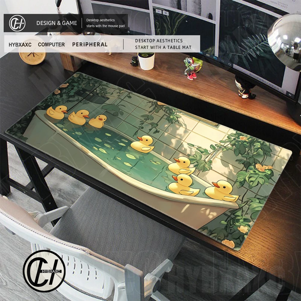 HYBXAXC Duckies Desk Mat Lofi Ducks Desk Pad Green Plants Mousepad Kawaii Girly Desk Topper Cute Laptop Mat Bath Time Play Mat