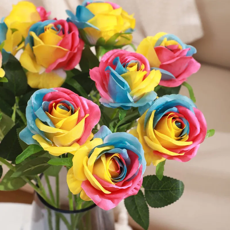 5 PCS Rose Artificial Flowers Rainbow Color Fake Roses Wedding Bouquets Centerpieces Mothers Day Valentines Gifts Party Deco