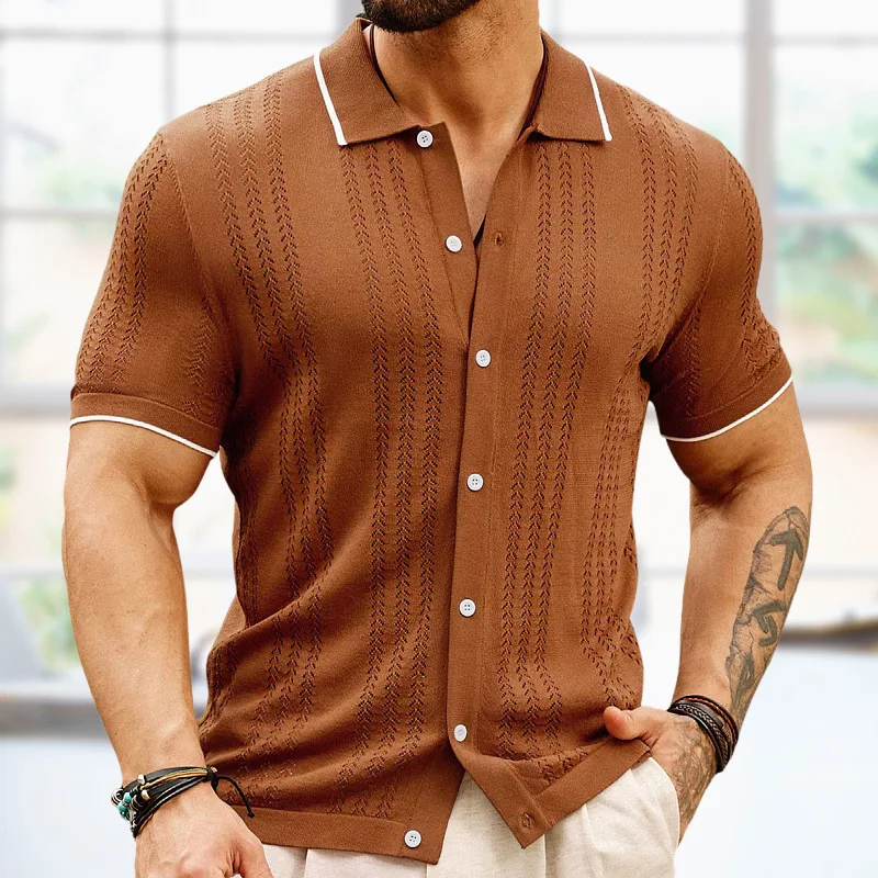 Business Casual Men's Polo Shirt Mature Charm Men's Clothing Summer New Hollow Knit Men's Shirt Knitted Cardigan T Shirt Men Top