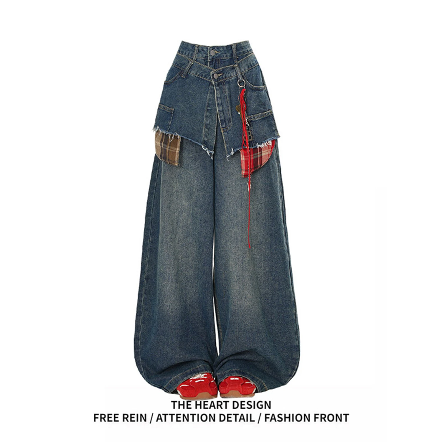 

Y2K Women's Vintage High Waist Baggy Wide Leg Jeans Plaid Patchwork Red Tassel Detail Streetwear Denim Pants