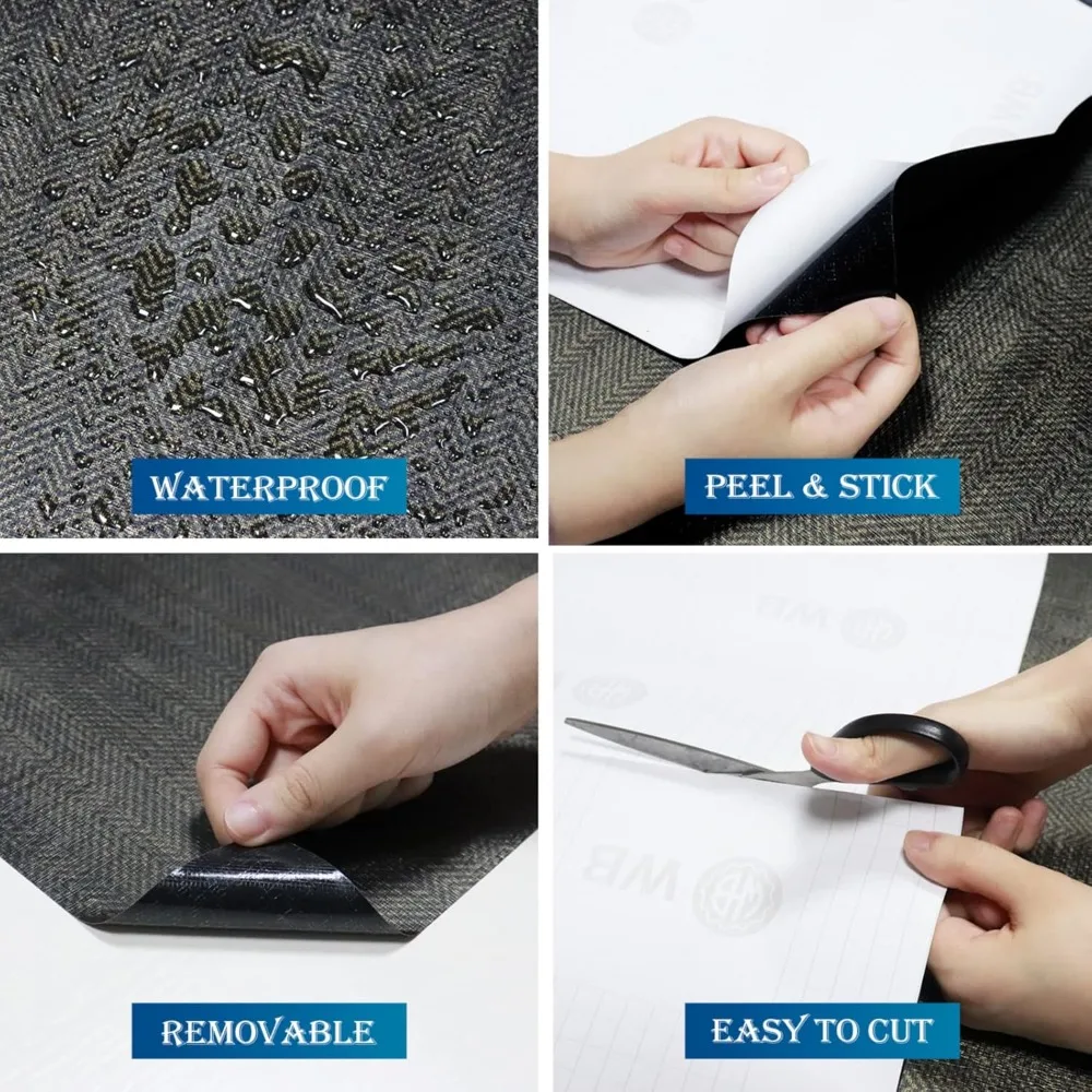 FunStick 24x394 قماش عشبي أسود وذهبي قابل للتقشير واللصق ورق جدران أسود مزخرف للخزائن من الكتان القابل للإزالة