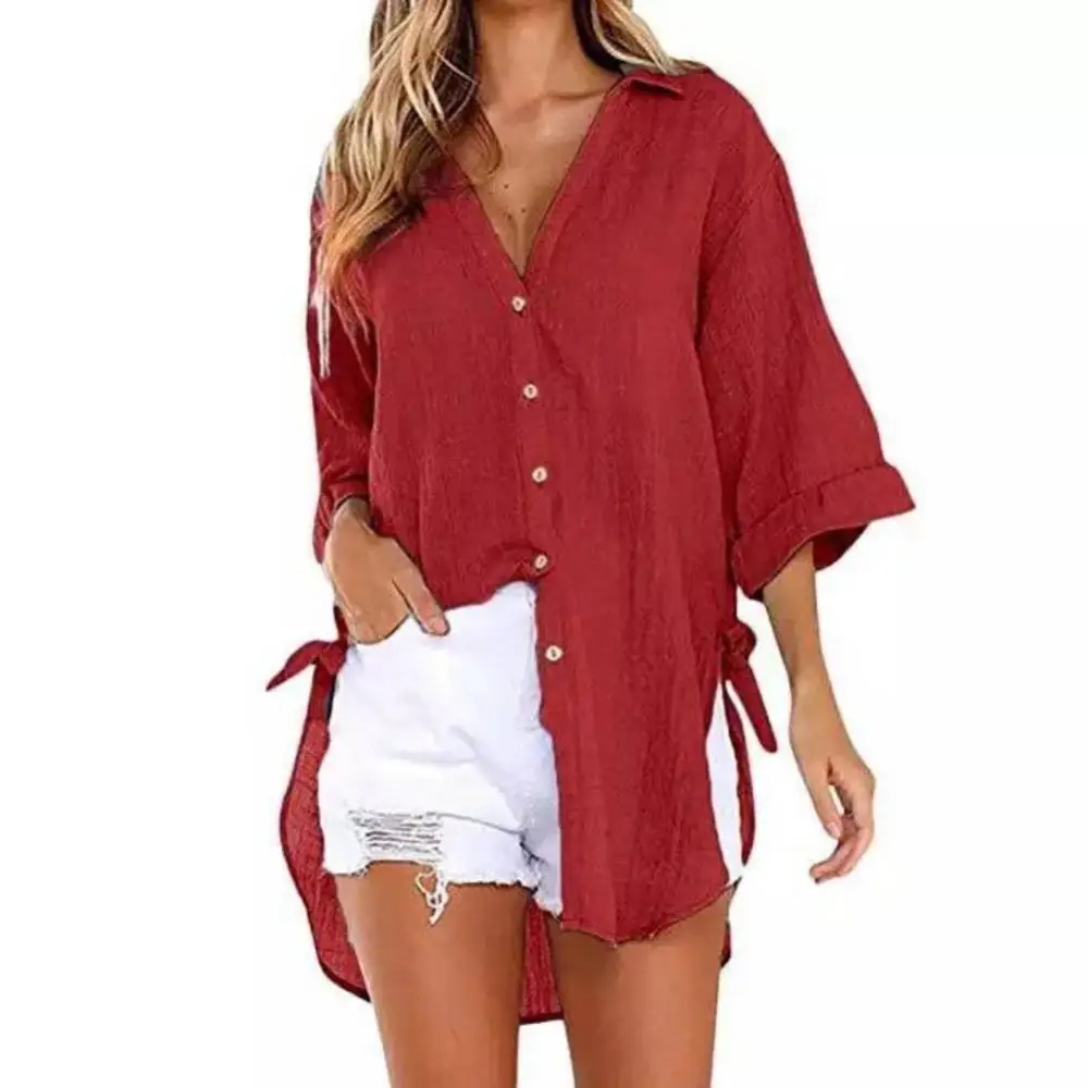 Casual Loose Long Sleeve Turn Down Collar Shirt Women Buttons Irregular Hem Belt Shirt