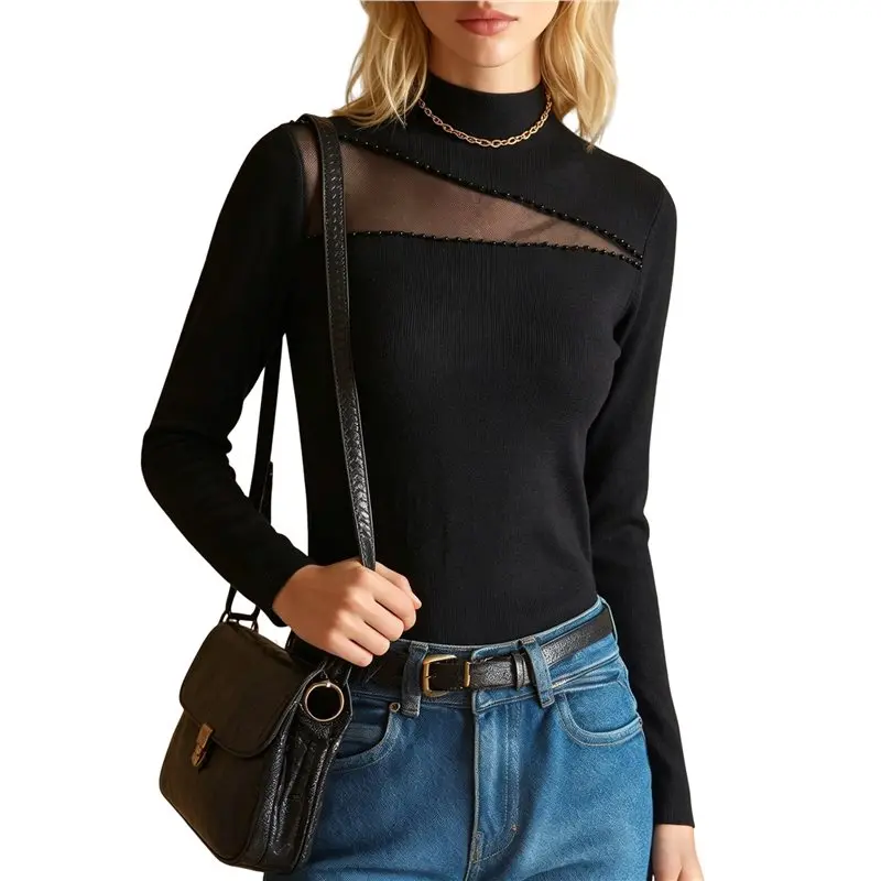 TEXU Women Mock Neck Diagonal Mesh Beaded Slim Fit Long Sleeve Ribbed Knit Top Black S