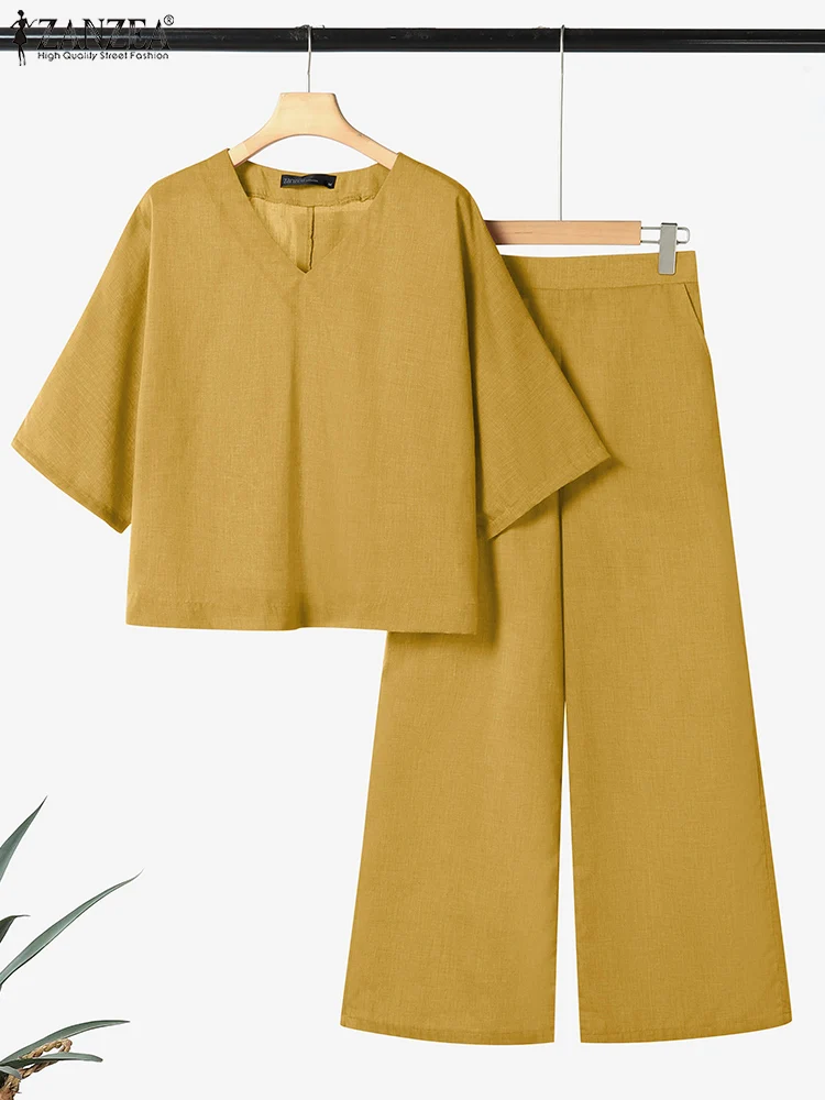 ZANZEA Donna Casual 2 pezzi Set Abbigliamento da giorno Camicette larghe a mezza manica con scollo a V Pantaloni a gamba larga 2 pezzi Completi estivi Set di pantaloni solidi