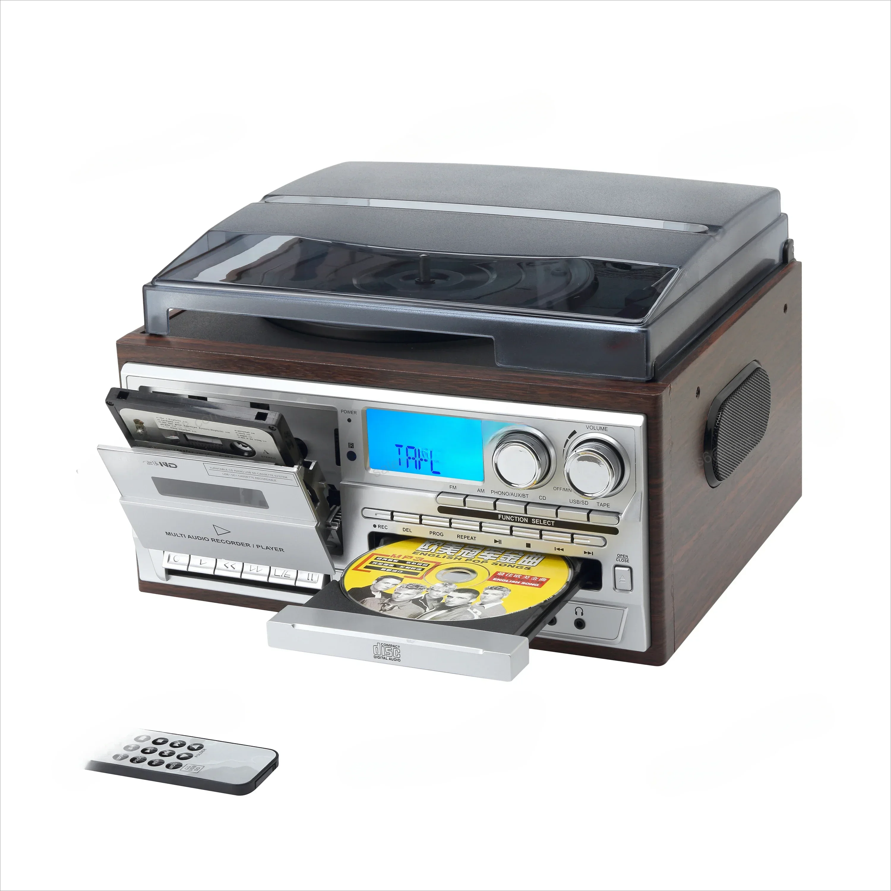 

T408 Series Multifunction Turntable Cassette Record Player 2x3W Speakers 33.3/45/78 RPM Speed Dial of CD Cassette Tapes