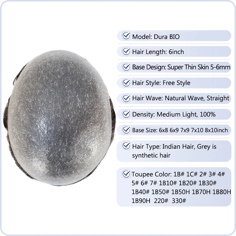 Vloop Front PU Herrenperücken 5-6mm Dünne Haut Herren-Toupet mit Knoten Indisches Echthaar Perücken Haarersatz Natürlicher Topper – Detail 3
