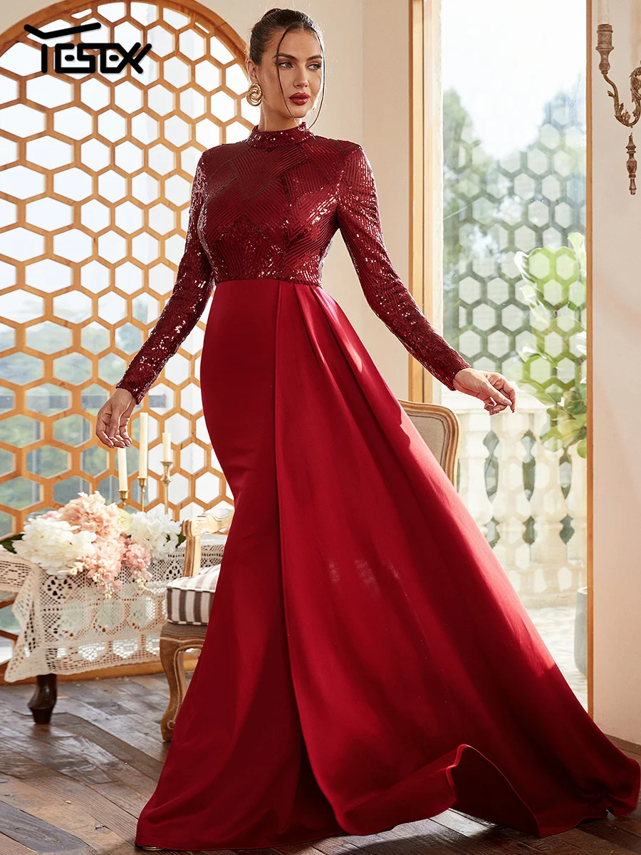 Yesexy-Robe de Cocktail Drapée A-ligne à Manches sulfpour Femme, Robes de Soirée Élégantes, Paillettes, Rouge, Bal de Promo, Luxe, Formel, Nouveau, 2024