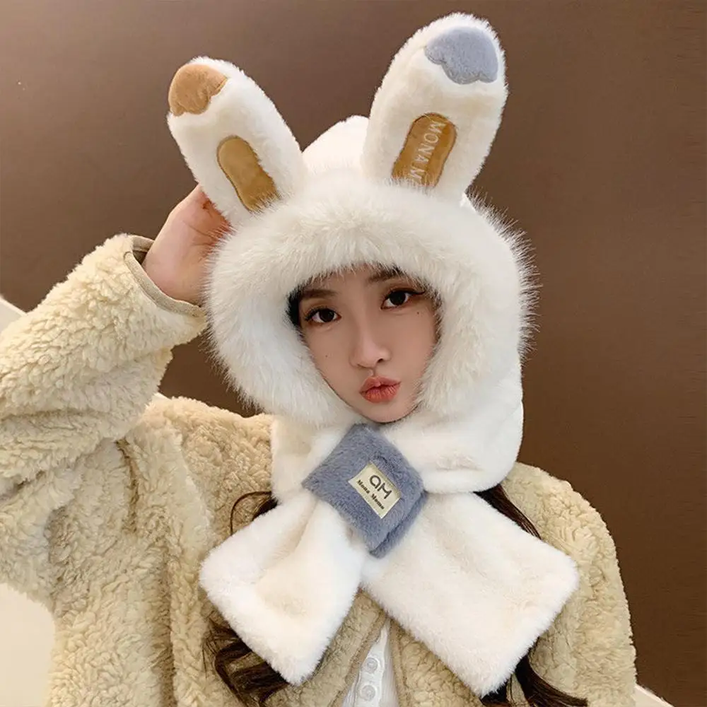 

Bunny Ears Integrated Hat Scarf Set Soft Cozy Skiing and Hiking Ear Protection Cap Windproof Plush Russian Hat for Women