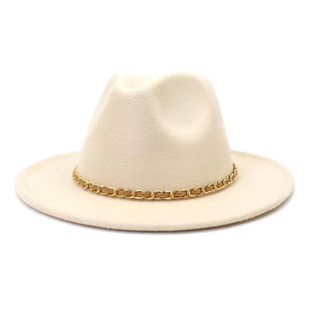 Solid color fedora hat metal chain women\'s wide brim jazz hat autumn and winter British vintage Panama hat wholesale