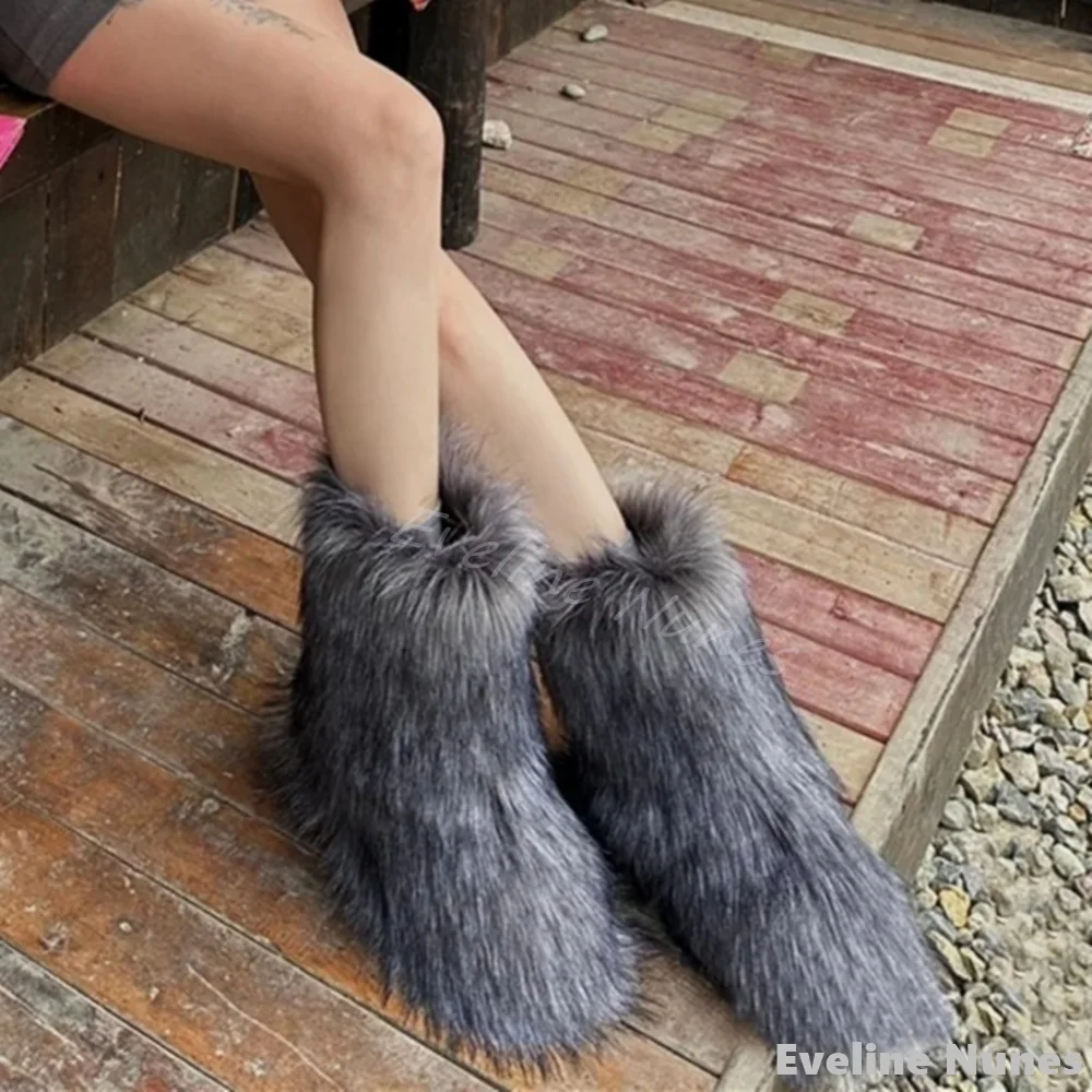 Full Fur Mixed Colors Snow Boots Women Round Toe Flat with Slip On Ankle Boots 2024 Winter Warm Fashion Short Boots Large Size