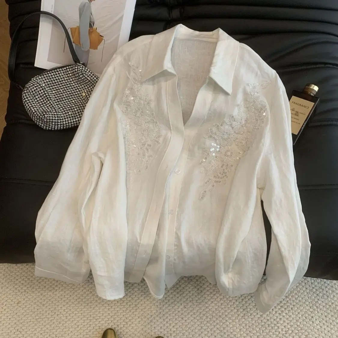 

2025 New Embroidery Sequins Women's Long Sleeve Shirt Ethnic Style Casual Loose Collar Cotton Line Button Up Blouse