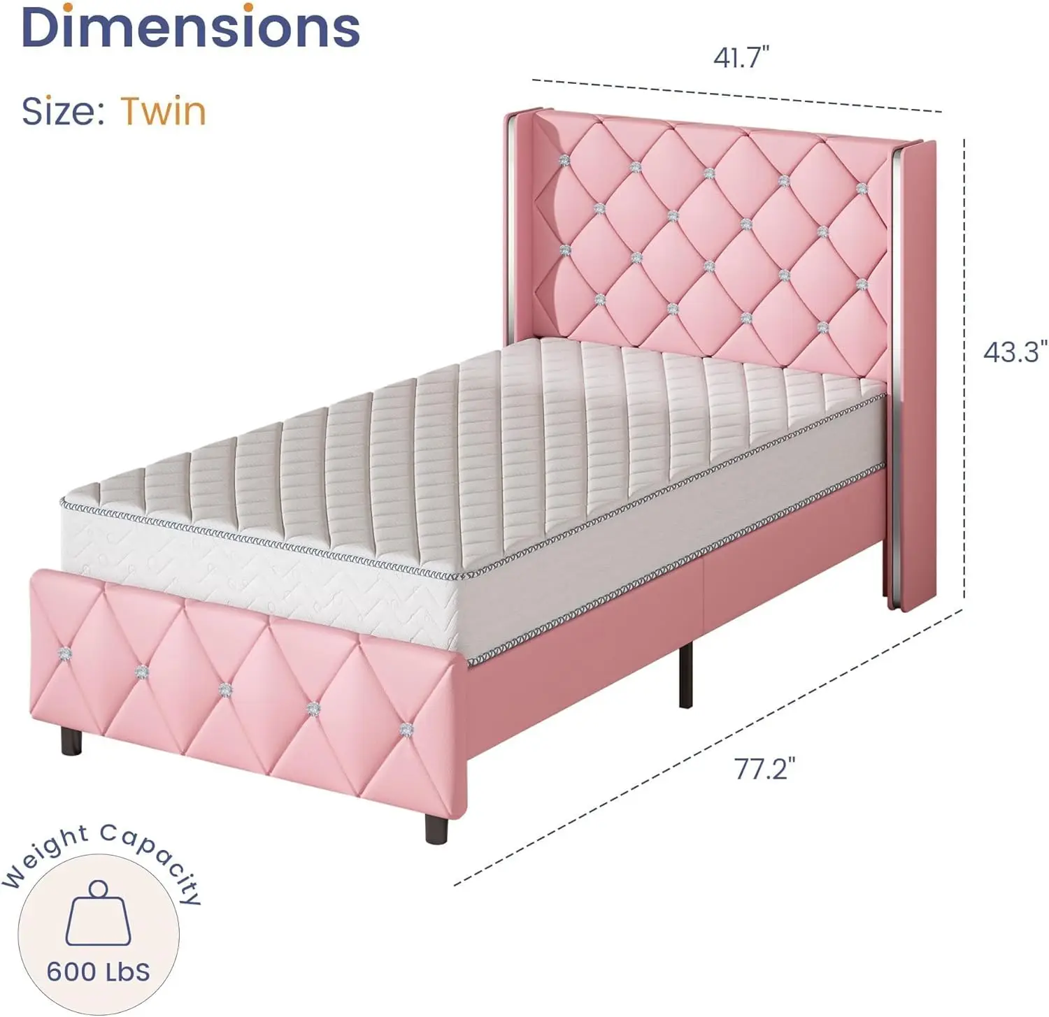 Estrutura de cama de solteiro, estrutura de cama estofada com cabeceira capitonada de diamante, estruturas de cama de solteiro para meninas, cama de princesa fofa, falso L