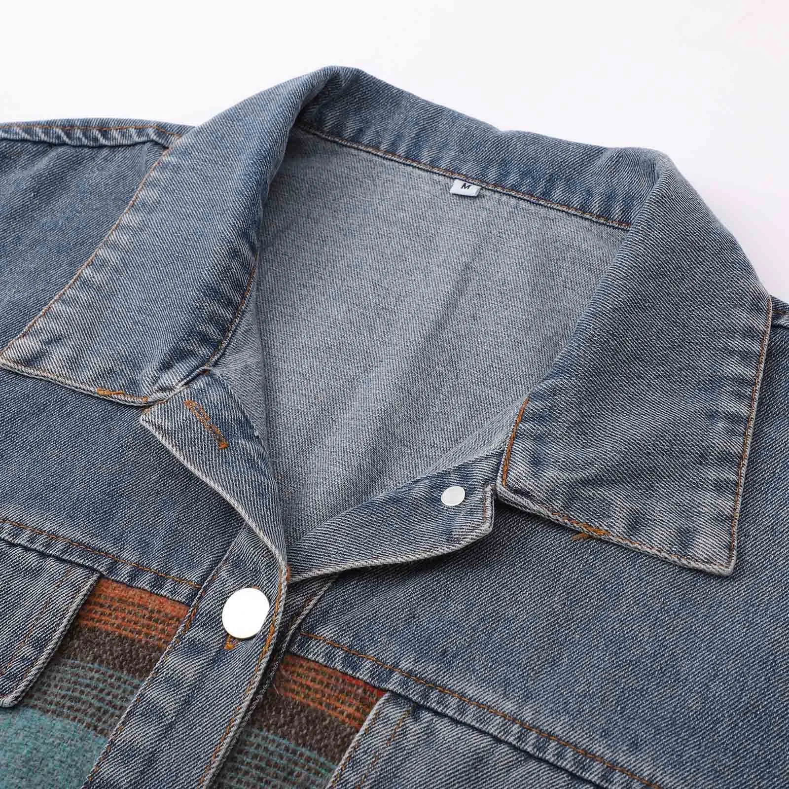 Cowboy Patchwork Tweed Jacket Vintage Raw Edge Mid-Length Jacket Retro Furred Y2k Mid-Length Jacket Women Denim Jacket Women