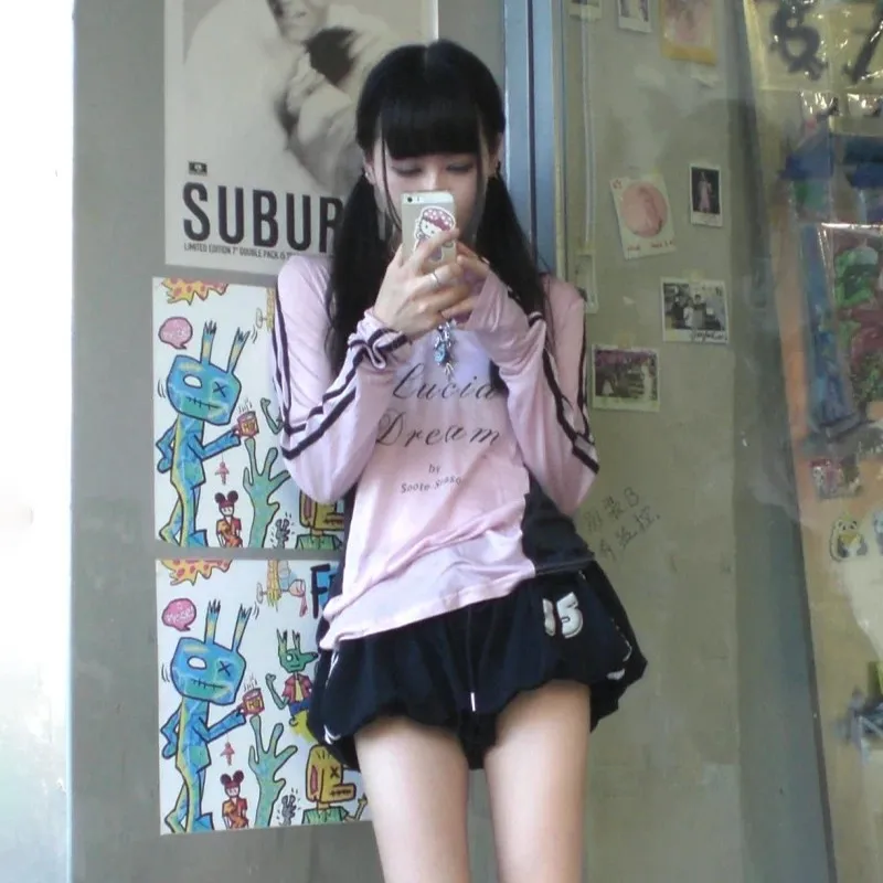 Karrram Japanese Y2k Pink Long Sleeve T-shirt Vintage Harajuku Letter Print Sheer Top 2000s Aesthetics V-neck Translucent Tops