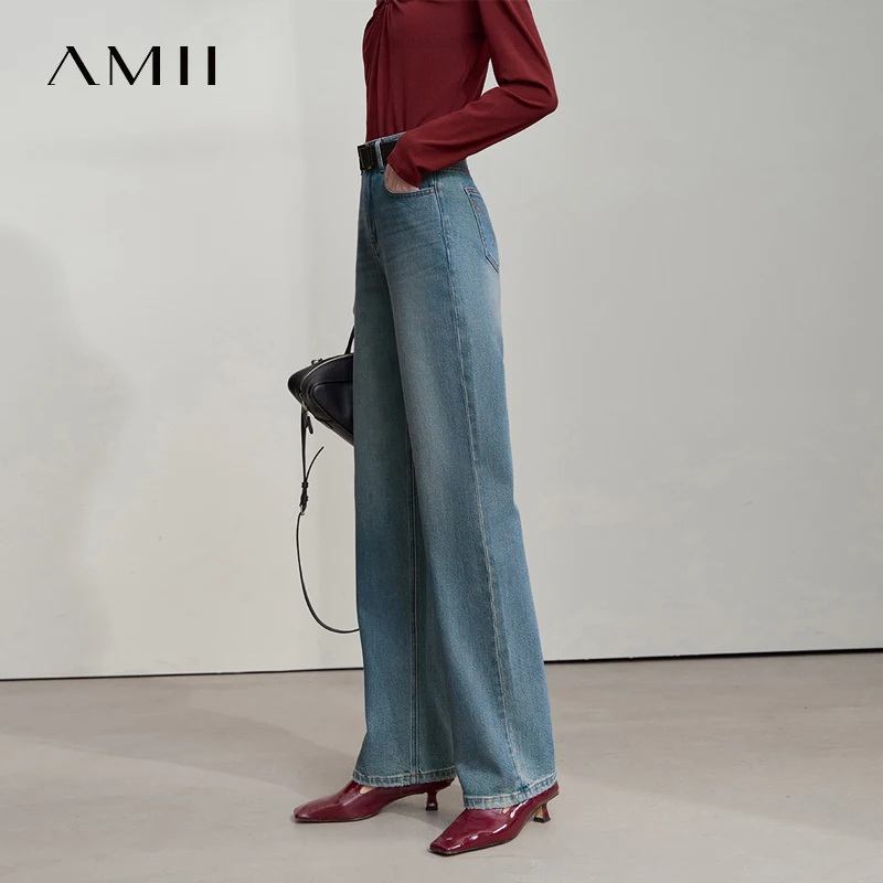 AMII Minimalist Blue Denim Pants For Women 2025 Autumn Fashion Lyocell Cotton High Waist Casual Jeans Women's Clothing 12523068