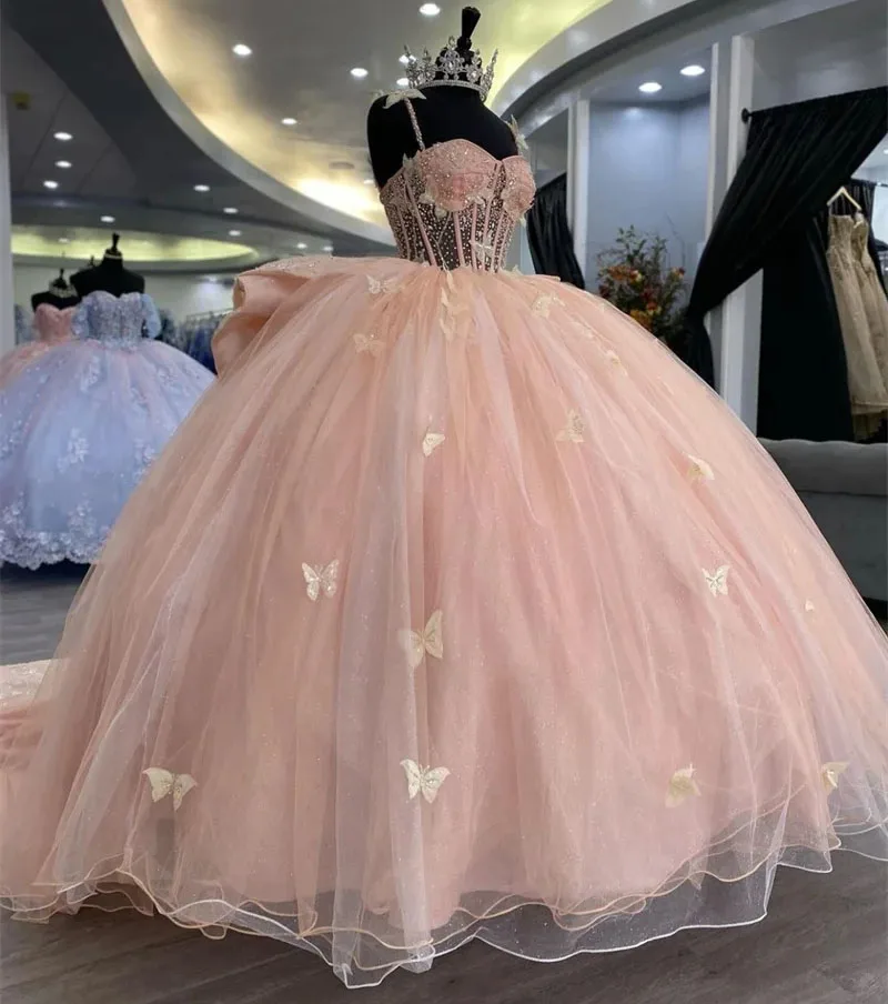 Rosa Quince anera Kleider Ballkleid Spaghetti träger Tüll Applikationen süß 16 Kleider 15años mexikanisch