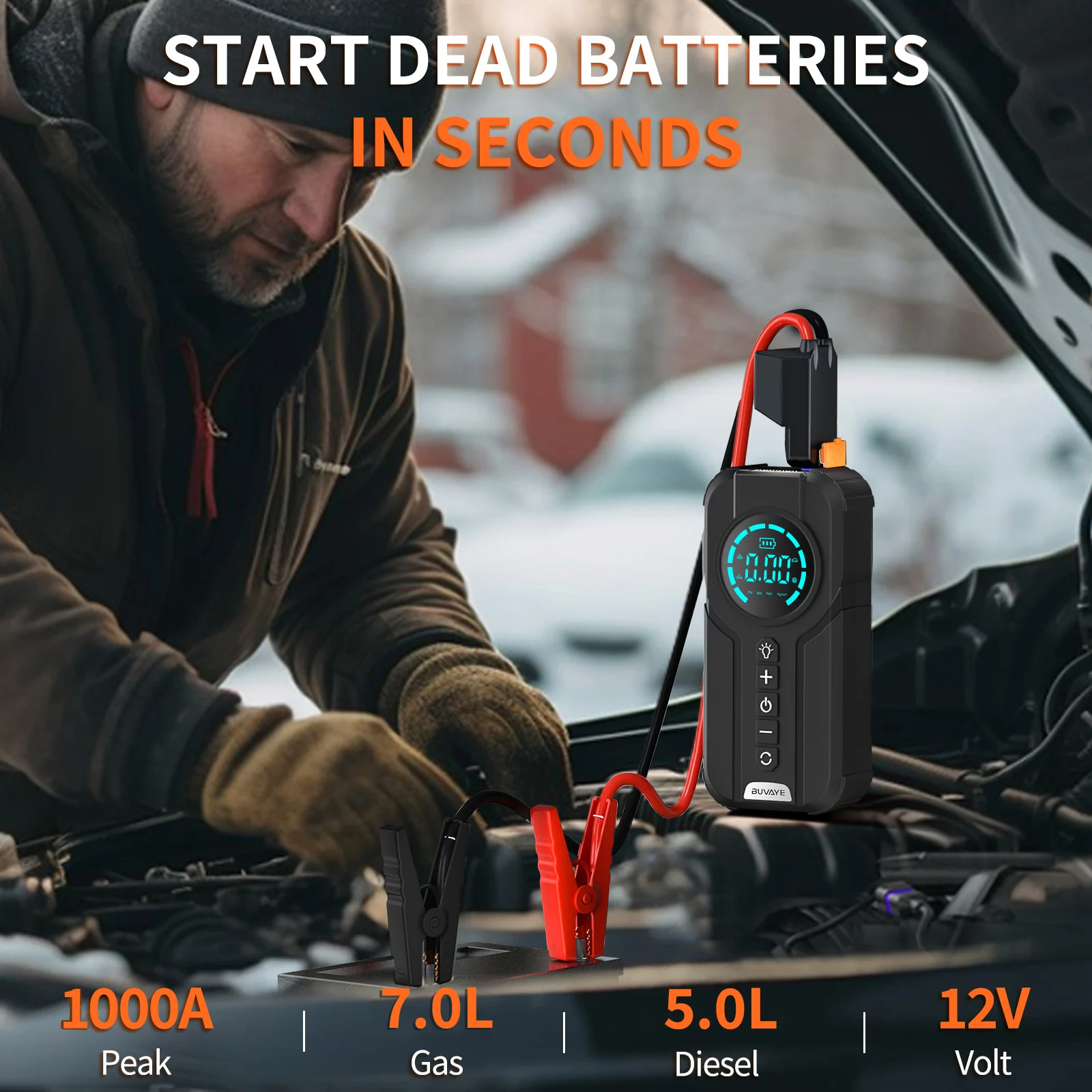 BUVAYE Car Jump Starter Air Compressor With Power Bank Portable Electric Pump Auto Battery Booster 12V Jump Box With Flashlight