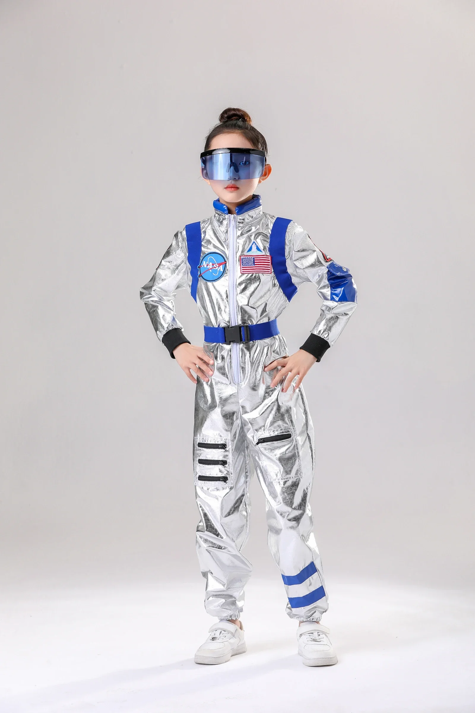 Fato de astronauta para adultos e crianças, astronauta, traje espacial, performance familiar, festa de Halloween, vestir, prata