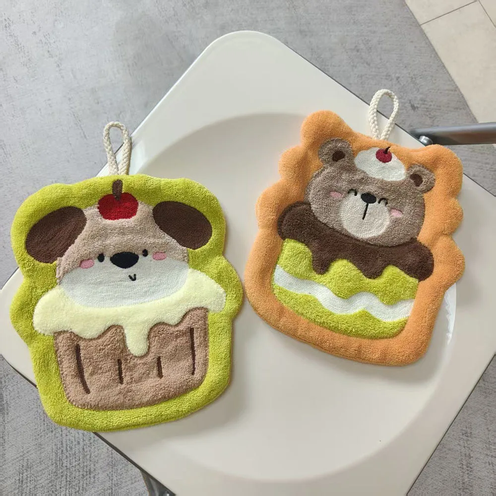 Cute Cake Animal Hanging Hand Towel Soft Coral Fleece Absorbent Kitchen Towel Kids Gift Bathroom Home