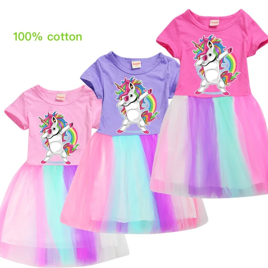 

Summer Dress For Girls Unicornio Princess Party Dresses Short Sleeve Mesh Vestidos Rainbow Costume Girl for 3-12Y