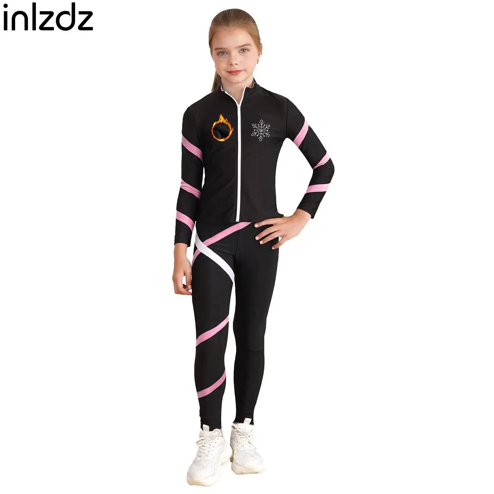 2Pcs Girl Figure Skating Gym Modern Dance Sports Set Color Block Outfits Long Sleeve Jacket+Legging for Stage Yoga Dance Workout