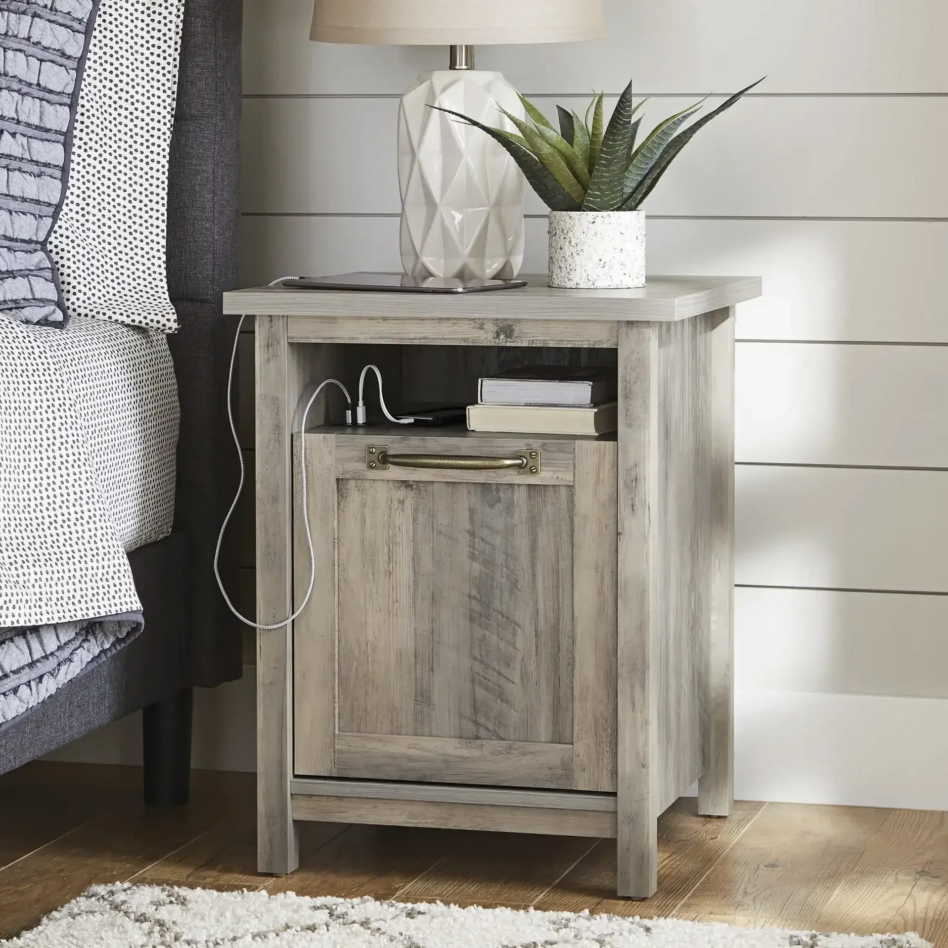 Modern Farmhouse USB Nightstand, Rustic Gray