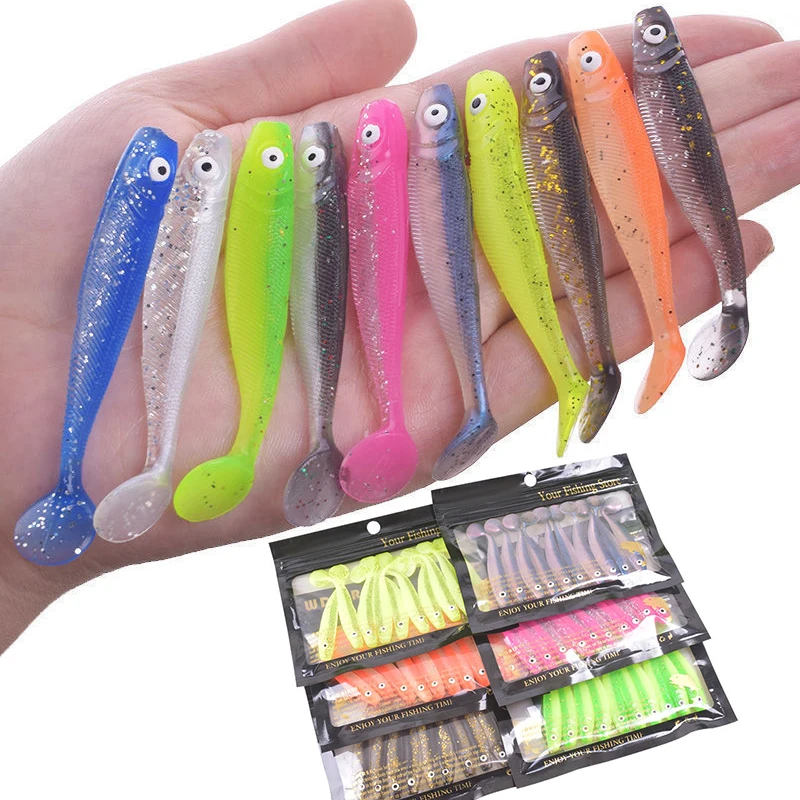 

10pcs Soft Lures 65mm 2g Fishing Lure Wobblers Double Color Aritificial T Tail Silicone Bait Swimbait Bass Pike Tackle