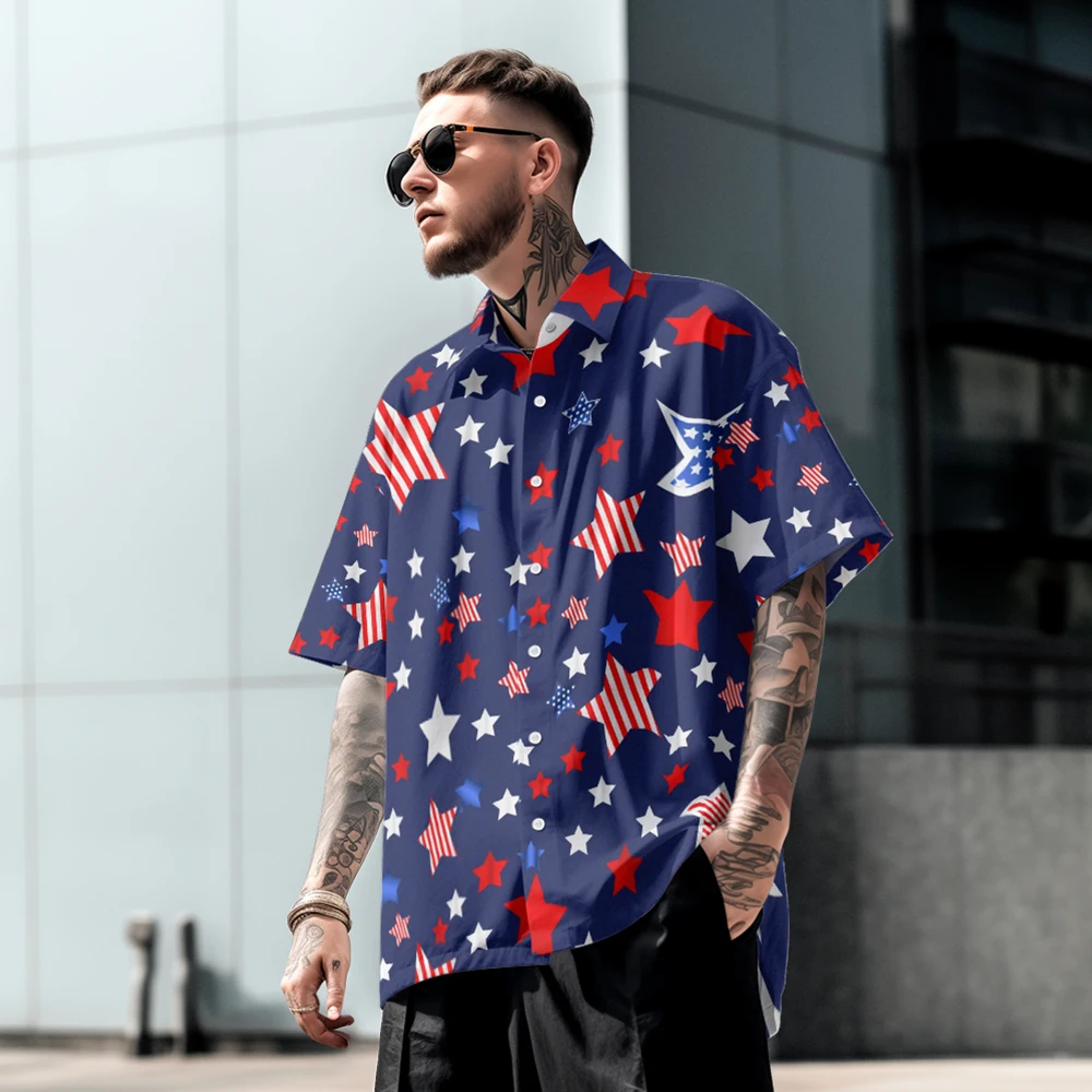 

Simple style stars full print daily niche all summer loose large size men short-sleeved shirt thin lapel shirt shirt