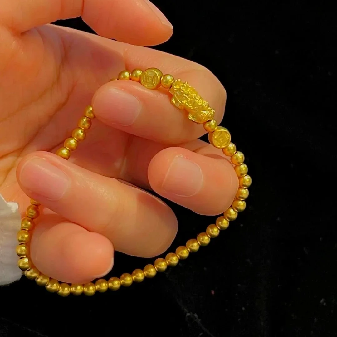 سوار نسائي من الذهب عيار 24 قيراط |   قابض Pixiu ثلاثي الأبعاد مزدوج - عملات معدنية، سحابة - سلسلة منقوشة، ذهبي صلب، جريئة وعين - اصطياد