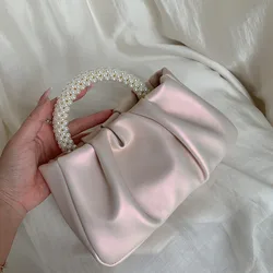 2024 Pearl Handle Handbag Folds All-match New Fashion Cloud Evening Bag Women Shoulder Messenger Mini Small Bag