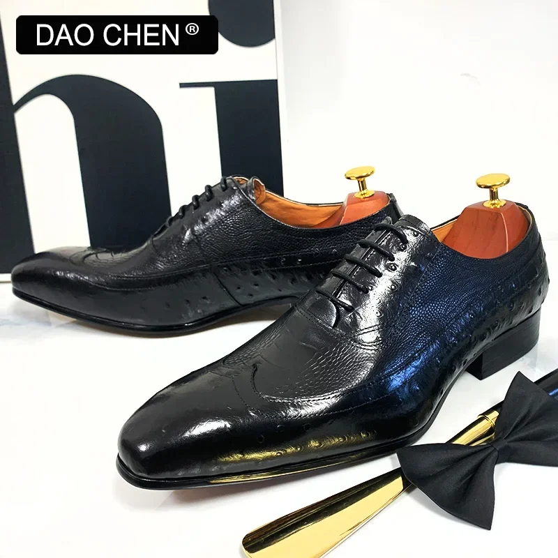 DAOCHEN MEN OXFORD SHOES BROWN BLACK OSTRICH PRINTS SHOES LACE UP FORMAL DRESS MAN SHOE OFFICE WEDDING LEATHER SHOES MEN