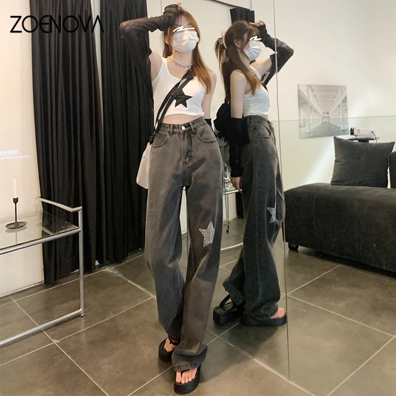 ZOENOVA Harajuku Printed Cargo Jeans Women Loose Y2K Fashion High Waist Streetwear 90S Baggy Trousers Women Pants Straight Jean