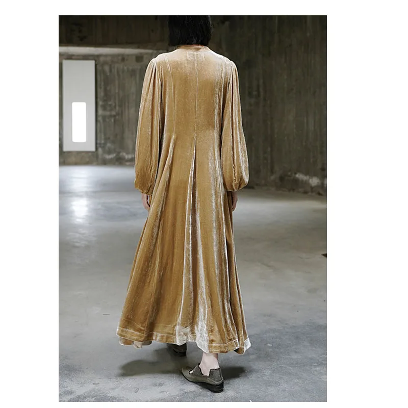 Fengbaoyu-Women's Silkworm Pleated Dress, Long-sleeved, Upright Collar, Khaki A-length Skirt, Casual, Spring and Autumn