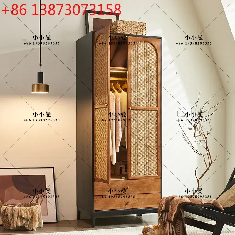 Medieval style solid wood rattan wabi-sabi style retro cabinet B & B bedroom double door coat cabinet
