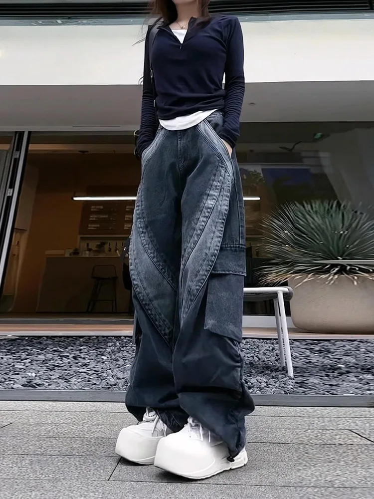 

Women's Retro Patchwork Cargo Pants Y2K Streetwear Wide Leg Straight Trousers Dropped Hem Slimming Fit Spring Fall Oversized