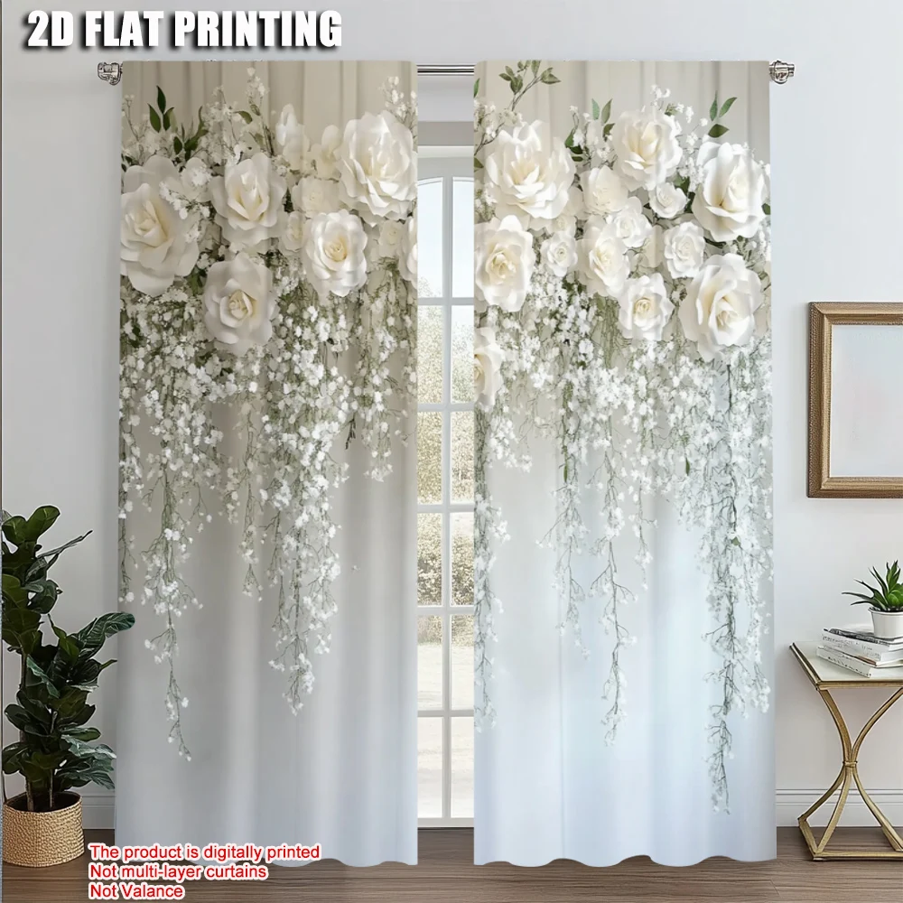 

2pcs, Popular Curtains 2D print Elegant White Flowers Polyester Easy Install (without rod) Room Decor Perfect for Bedroom,